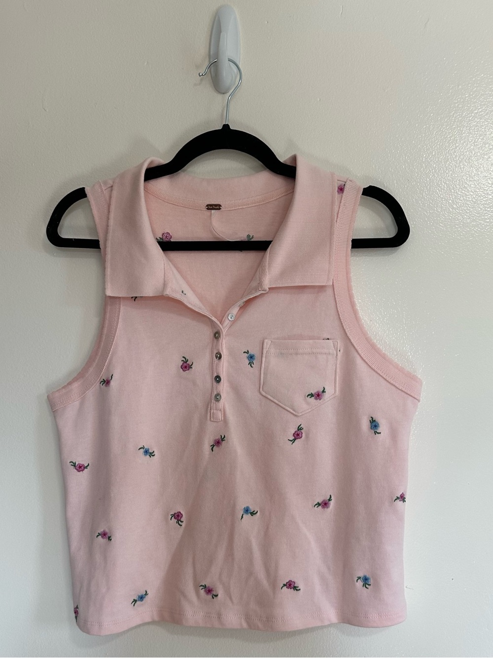 Free People Pink Pepper Knit Polo, Embroidered Floral, Large